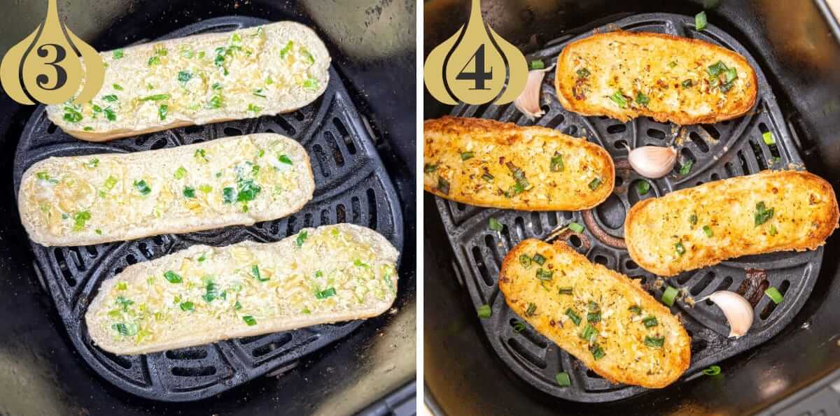 Hot dog bun garlic toast is air fried until golden brown.