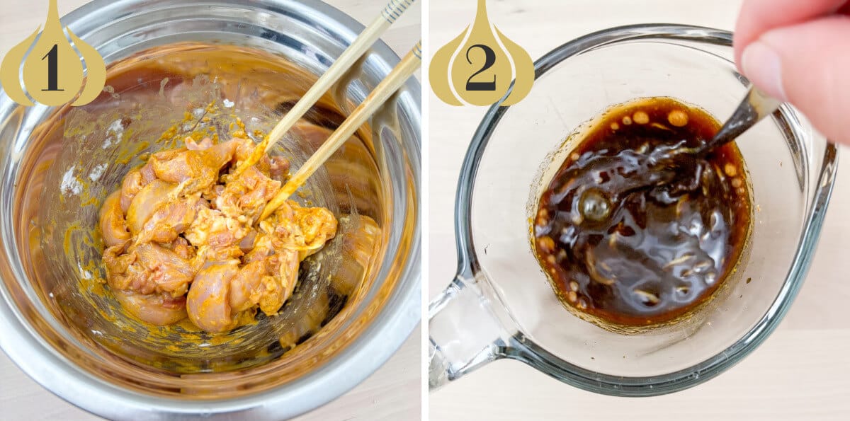 Chicken is marinated with cornstarch and curry powder mixture, while stir fry sauce is mixed in a measuring cup.