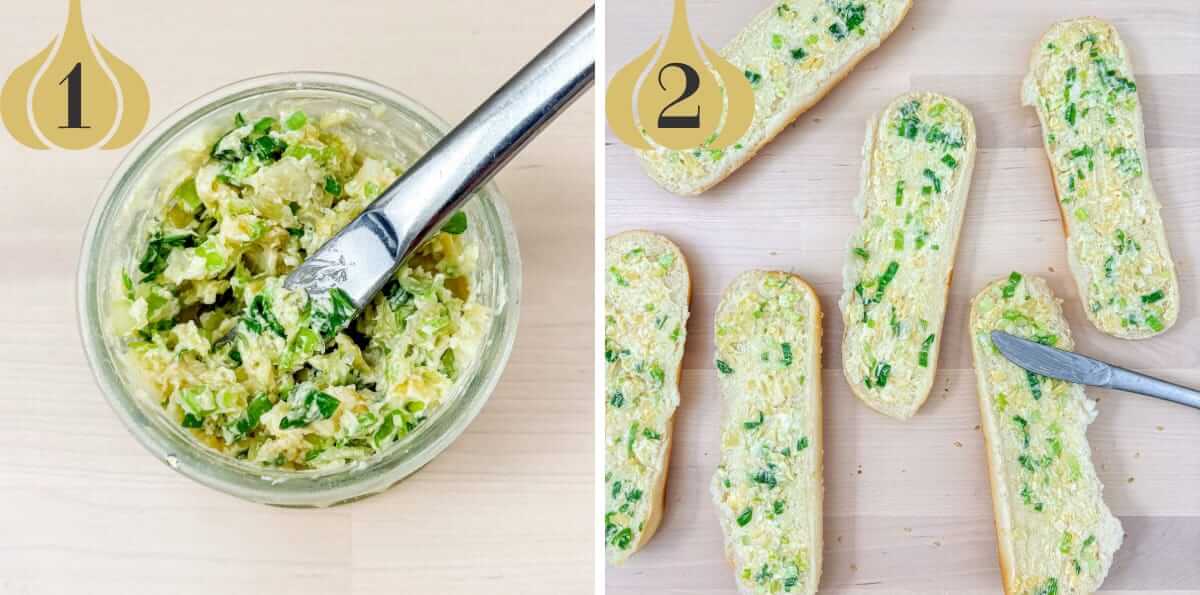 Garlic butter is slathered onto split hot dog buns.