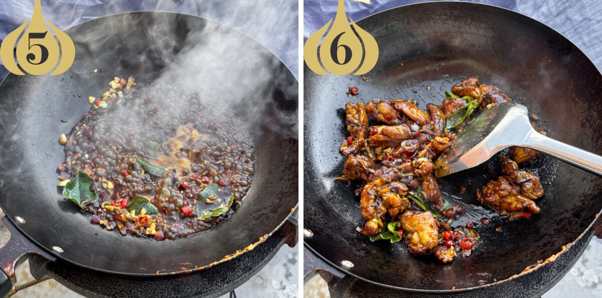 Stir fry the kam heong chicken in the sauce.
